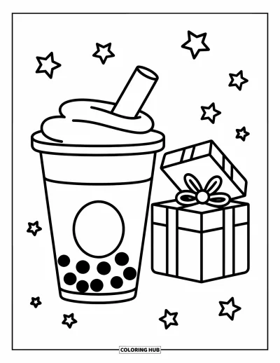 Tegning med bubble tea til børn: En bubble tea-kop og en åben gavepakke med stjerner svævende blidt ovenover