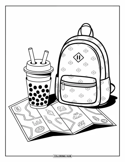 Tegning med bubble tea til børn: En bubble tea-kop og en rygsæk med mønstre ved siden af et kort med sjove ikoner