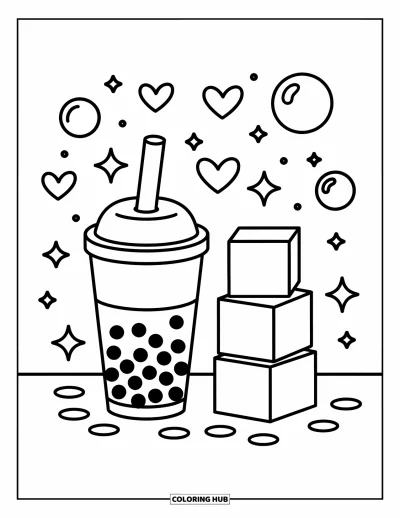 Tegning med bubble tea til børn: En bubble tea-kop og byggeklodser med fantasifulde bobler og hjerter rundt om