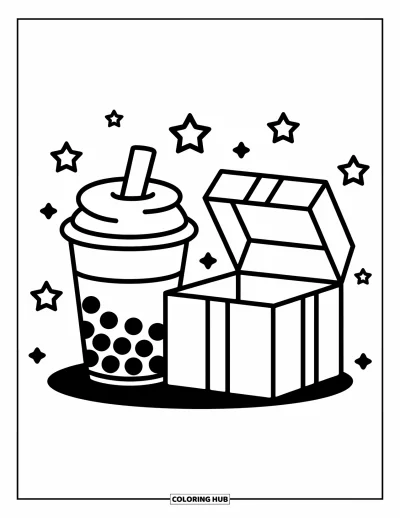 Tegning med bubble tea til børn: En bubble tea-kop og en gavepakke med små stjerner spredt ovenover