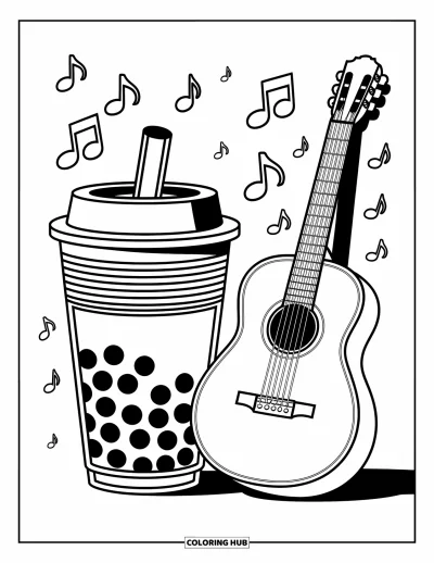 Tegning med bubble tea til børn: En bubble tea-kop og en guitar omgivet af dansende musiknoder i en livlig scene