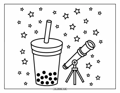 Tegning med bubble tea til børn: En bubble tea-kop og en kikkert vender mod en stjernehimmel med funklende stjerner