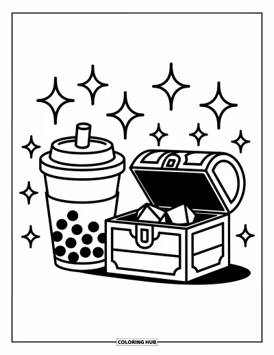 Tegning med bubble tea til børn: En bubble tea-kop og en skattekiste sidder side om side med funklende ædelstene rundt om
