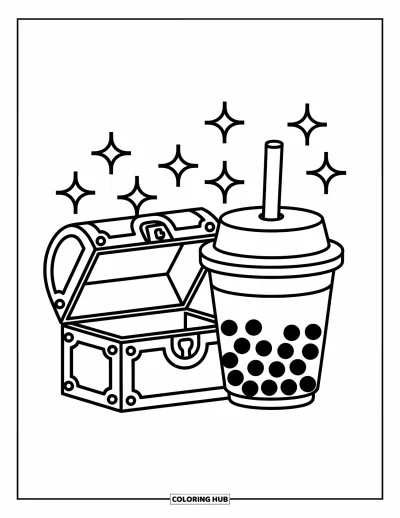 Tegning med bubble tea til børn: En bubble tea-kop og en skattekiste side om side inviterer til leg og fantasi