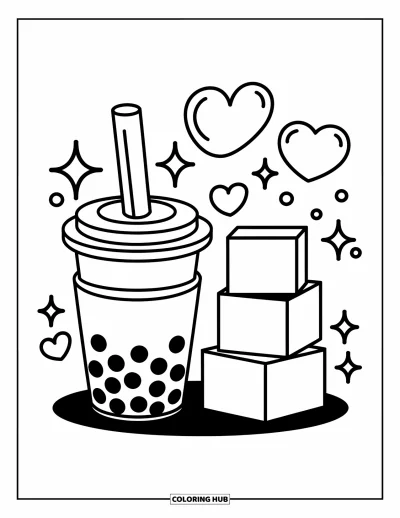 Tegning med bubble tea til børn: En bubble tea-kop ved to klodser med svirpende bobler og hjerter i luften