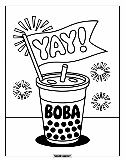 Tegning med bubble tea til børn: En bubble tea-kop holder et boblende "Yay!"-flag med festligt fyrværkeri i baggrunden