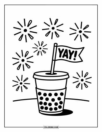 Tegning med bubble tea til børn: En bubble tea-kop holder et legende "Yay!"-flag med enkelt fyrværkeri bagved
