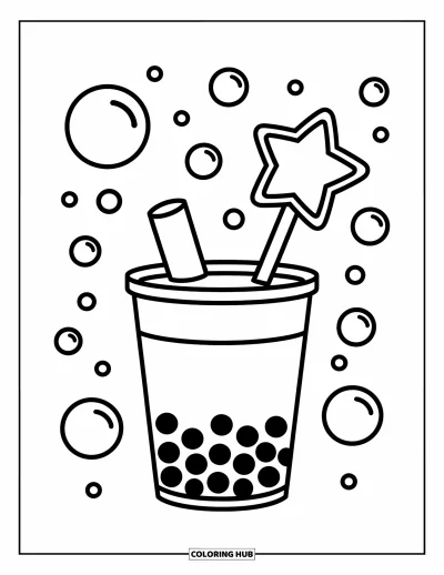 Tegning med bubble tea til børn: En bubble tea-kop holder en stjerneformet stav omgivet af svævende bobler