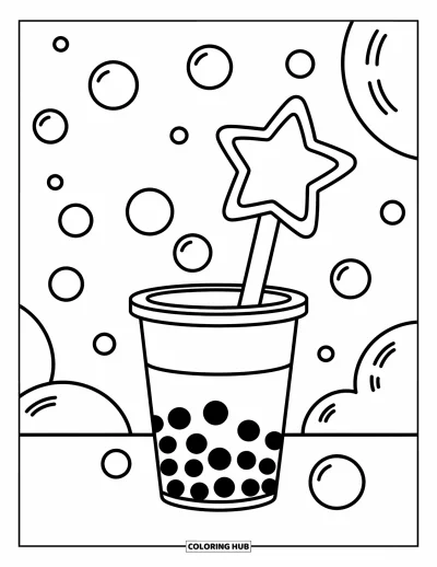 Tegning med bubble tea til børn: En bubble tea-kop holder en stjernestav, omgivet af bløde svævende bobler