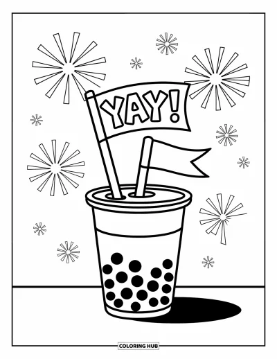 Tegning med bubble tea til børn: En bubble tea-kop holder et lille "Yay!"-flag, mens fyrværkeri brager bagved