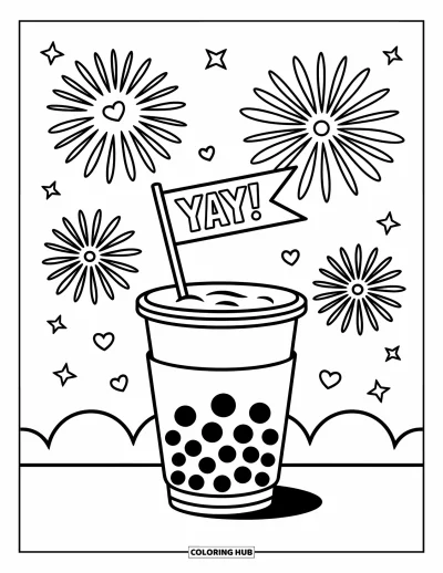 Tegning med bubble tea til børn: En bubble tea-kop holder et "Yay!"-flag med fyrværkeri, stjerner og hjerter rundt om
