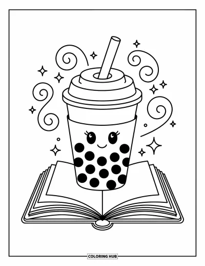 Tegning med bubble tea til børn: En bubble tea-kop holder en åben bog med legende svirp dansende rundt
