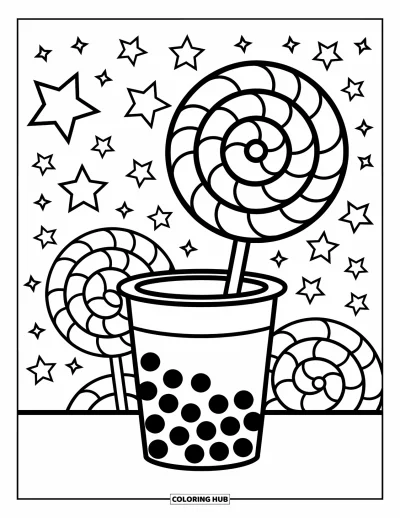 Tegning med bubble tea til børn: En bubble tea-kop holder en stor slikkepind med spiraler, mens stjerner danser i baggrunden