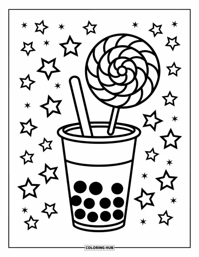 Tegning med bubble tea til børn: En bubble tea-kop holder en slikkepind med spiraler og stjerner, der hvirvler rundt