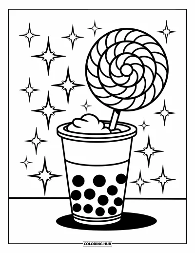 Tegning med bubble tea til børn: En bubble tea-kop holder en slikkepind med spiraler, omgivet af funklende stjerneformer