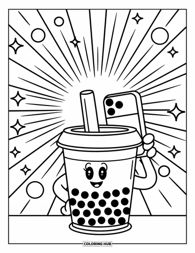 Tegning med bubble tea til børn: En bubble tea-kop holder en smartphone og tager en selfie med lysglimt bagved