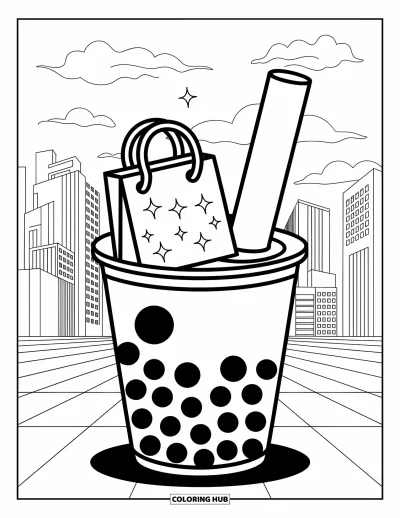 Tegning med bubble tea til børn: En bubble tea-kop holder en glitrende indkøbspose med bylandskab og muntre skyer bagved