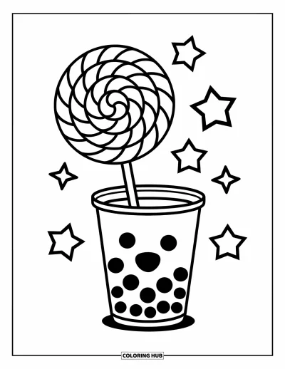 Tegning med bubble tea til børn: En bubble tea-kop holder en spiralmønstret slikkepind, omgivet af stjerner og svirp