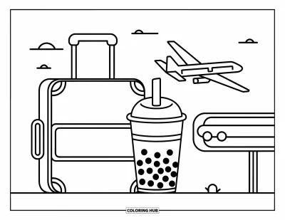 Tegning med bubble tea til børn: En bubble tea-kop læner sig op ad en rejsekuffert med flylinjer og lufthavnssceneri