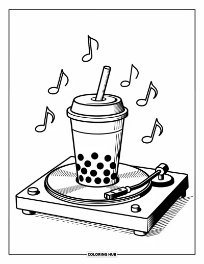 Tegning med bubble tea til børn: En bubble tea-kop læner sig op ad en pladespiller, mens musiknoder danser i luften