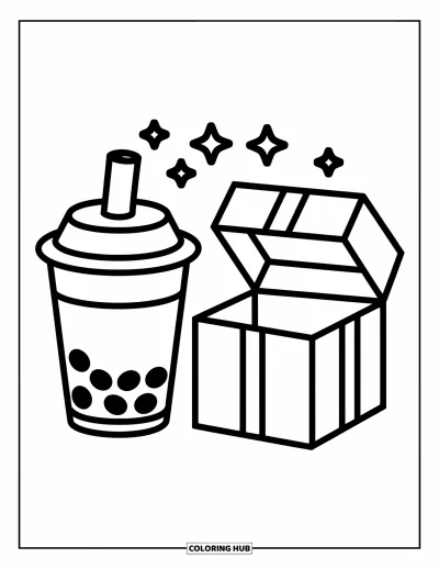Tegning med bubble tea til børn: En bubble tea-kop ved siden af en gavepakke med sløjfe og blinkende stjerner