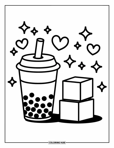Tegning med bubble tea til børn: En bubble tea-kop ved to byggeklodser med bobler, hjerter og glimt svævende rundt