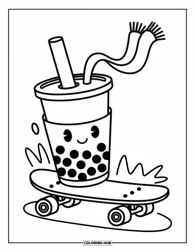Tegning med bubble tea til børn: En bubble tea-kop på et skateboard med et dramatisk halstørklæde og charmerende detaljer