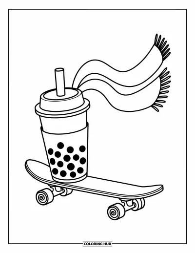 Tegning med bubble tea til børn: En bubble tea-kop på et skateboard med et flagrende halstørklæde og legende mønstre