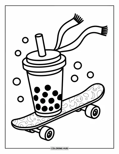 Tegning med bubble tea til børn: En bubble tea-kop på et skateboard med bobler og et flagrende halstørklæde bagved