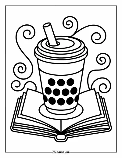 Tegning med bubble tea til børn: En bubble tea-kop læser en åben bog med svirp omkring, tegnet med tydelige streger
