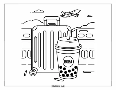 Tegning med bubble tea til børn: En bubble tea-kop hviler ved en kuffert med flylinjer og en lufthavn i baggrunden