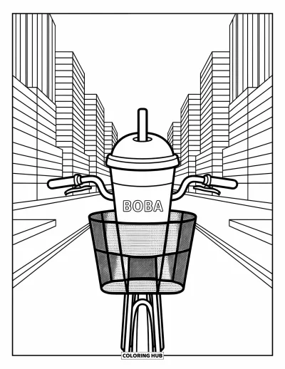 Tegning med bubble tea til børn: En bubble tea-kop hviler i en cykelkurv med et dynamisk bylandskab bagved