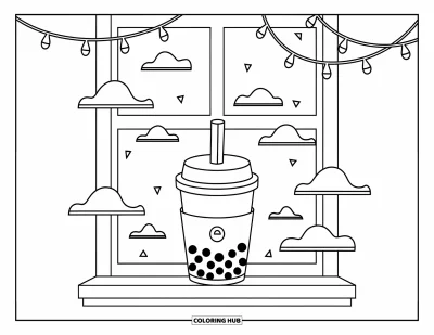 Tegning med bubble tea til børn: En bubble tea-kop hviler i en vinduskarm med bløde skyer udenfor og lyskæder ovenover