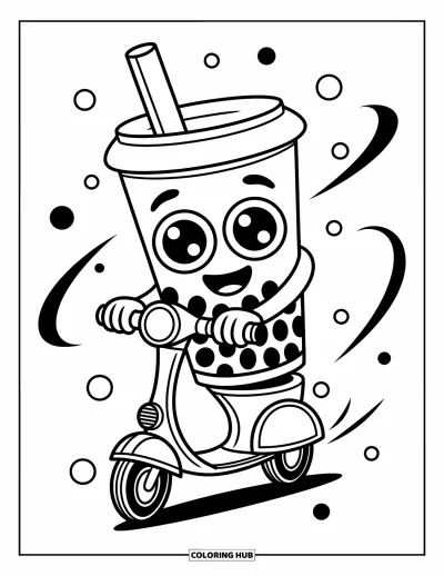 Tegning med bubble tea til børn: En bubble tea-kop kører på en løbehjul med fartstreger og cirkler i bevægelse