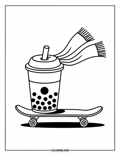 Tegning med bubble tea til børn: En bubble tea-kop kører på et skateboard med et flagrende halstørklæde som en kappe
