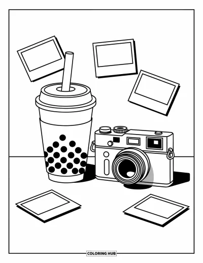 Tegning med bubble tea til børn: En bubble tea-kop sidder ved et kamera med spredte fotos og tydelige konturer