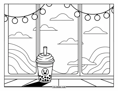 Tegning med bubble tea til børn: En bubble tea-kop sidder ved et vindue med svirpende mønstre, skyer og lyskæder