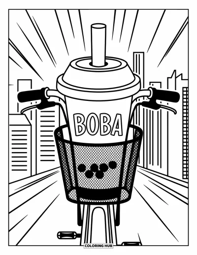 Tegning med bubble tea til børn: En bubble tea-kop sidder i en cykelkurv omgivet af slanke bylinjer og bygninger