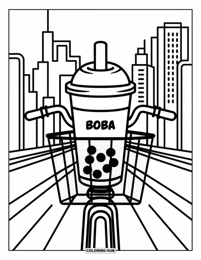 Tegning med bubble tea til børn: En bubble tea-kop sidder i en cykelkurv med en byskyline i baggrunden