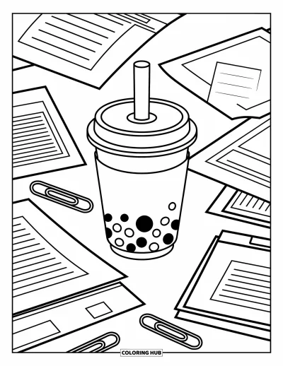 Tegning med bubble tea til børn: En bubble tea-kop sidder på et skrivebord omgivet af papirark og papirclips