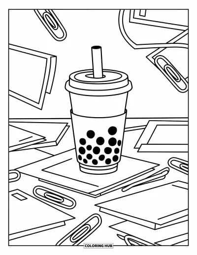 Tegning med bubble tea til børn: En bubble tea-kop sidder på et studiebord med spredte papirer og papirclips rundt om
