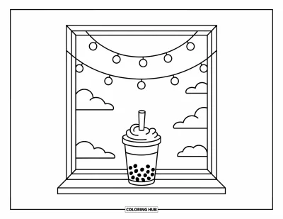 Tegning med bubble tea til børn: En bubble tea-kop står i en vinduskarm med lyskæder ovenover og skyer udenfor