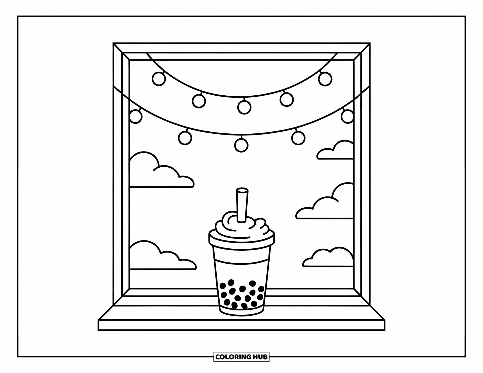 Boba Tea Kleurplaat voor Kinderen: Een boba-beker zit op een vensterbank met lichtslingers erboven en wolken die buiten drijven