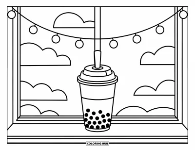 Tegning med bubble tea til børn: En bubble tea-kop står i en vinduskarm med lyskæder og svævende skyformer udenfor