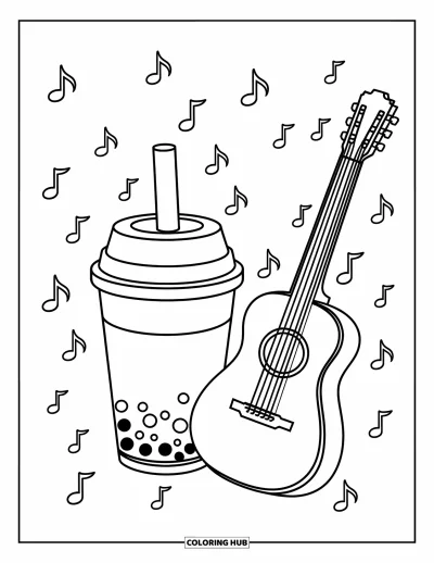 Tegning med bubble tea til børn: En bubble tea-kop står ved en guitar med musiknoder, der svirper rundt om dem