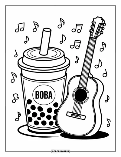 Tegning med bubble tea til børn: En bubble tea-kop står ved siden af en guitar, mens musiknoder svirper legende rundt