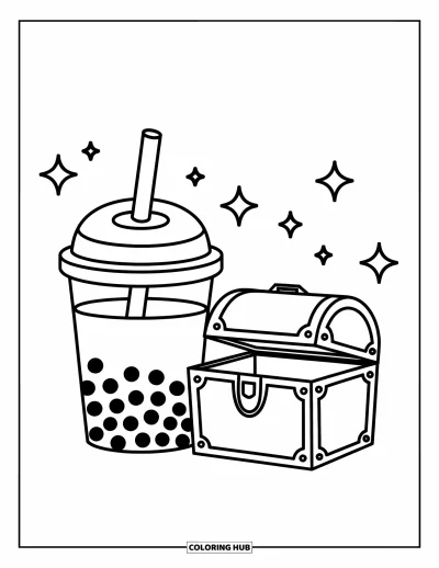 Tegning med bubble tea til børn: En bubble tea-kop står ved en skattekiste fyldt med funklende ædelstene