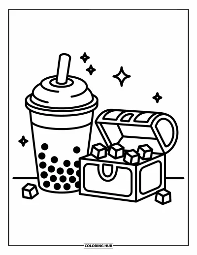 Tegning med bubble tea til børn: En bubble tea-kop står ved en åben skattekiste fyldt med funklende små ædelstene