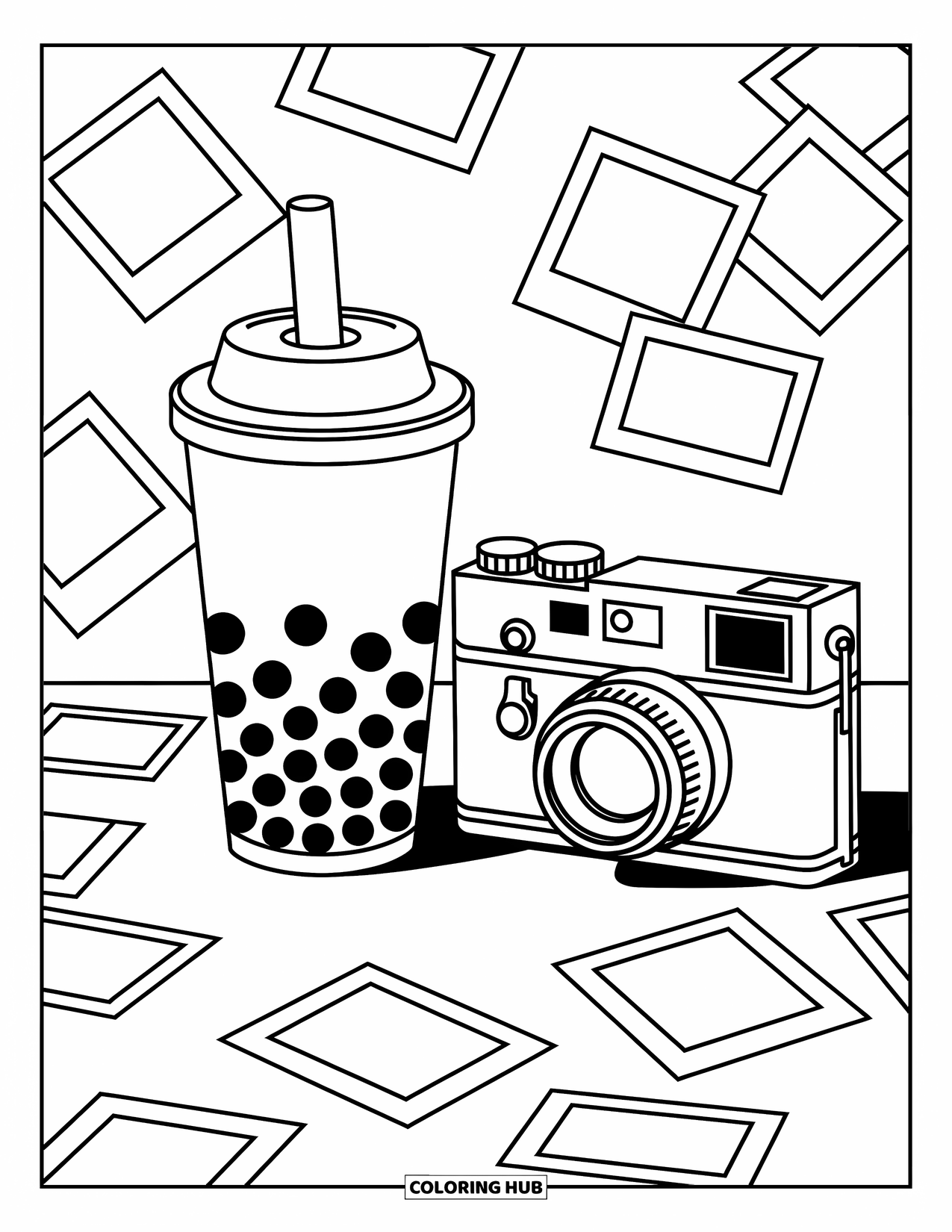 Boba Tea Kleurplaat voor Kinderen: Een boba-beker staat naast een vintage camera met verspreide foto snapshots in de buurt