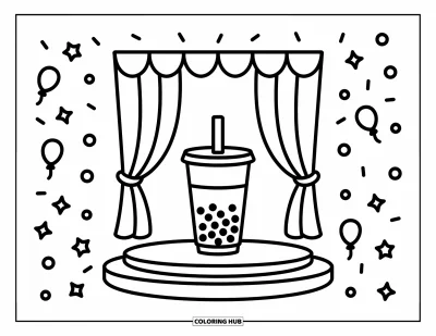 Tegning med bubble tea til børn: En bubble tea-kop står på en scene med gardiner og bifaldstreger rundt omkring